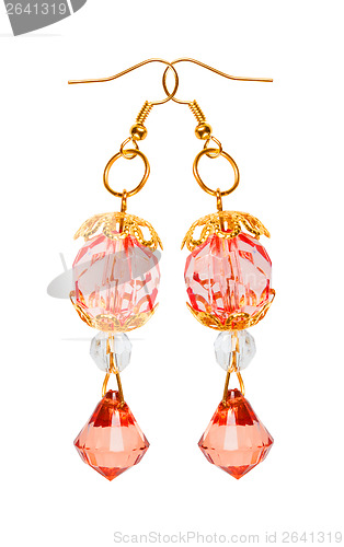 Image of Earrings in red glass with gold elements. white background 