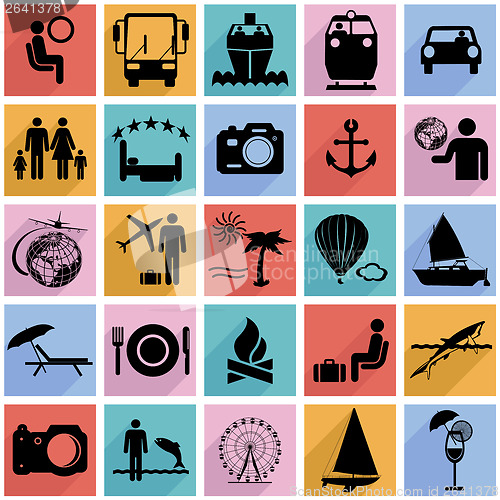 Image of Collection flat icons with long shadow. Travel symbols. Vector i