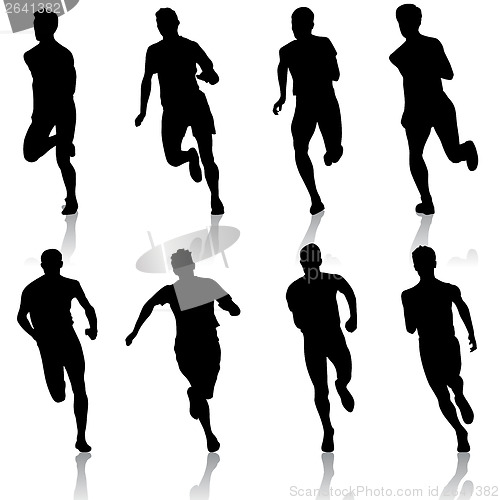 Image of Set of silhouettes. Runners on sprint, men. vector illustration.