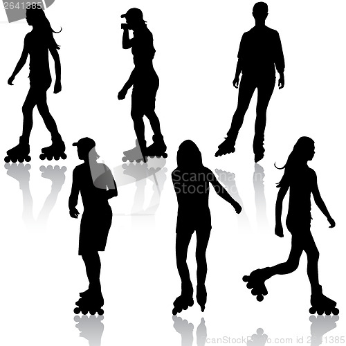 Image of Silhouettes of people rollerskating. Vector illustration.