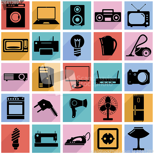 Image of Collection flat icons with long shadow. Electrical devices symbo