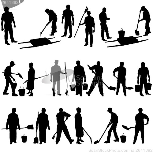 Image of Set of black silhouettes of men and women with shovels and bucke
