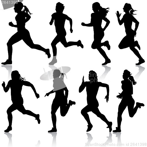 Image of Set of silhouettes. Runners on sprint, women. vector illustratio