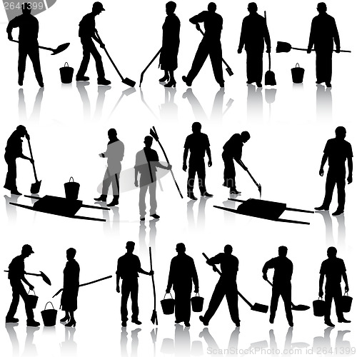 Image of Set of black silhouettes of men and women with shovels and bucke