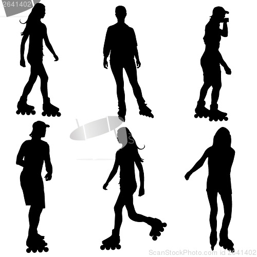 Image of Silhouettes of people rollerskating. Vector illustration.