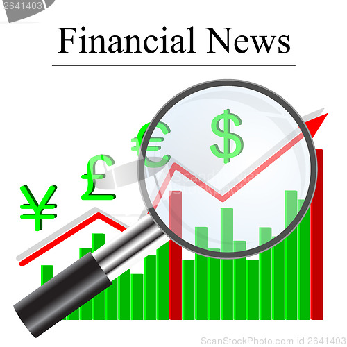 Image of Growth histogram finances behind a magnifying glass, vector illu