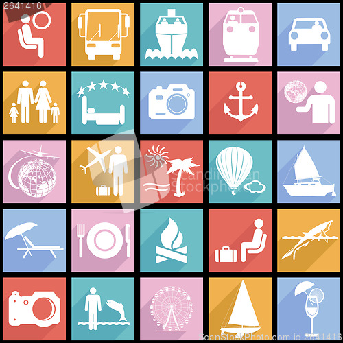 Image of Collection flat icons with long shadow. Travel symbols. Vector i