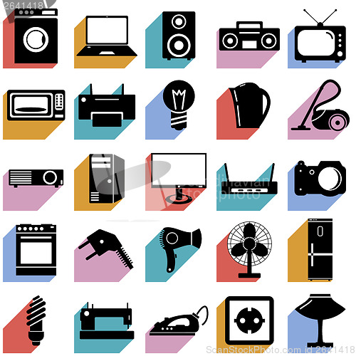 Image of Collection flat icons with long shadow. Electrical devices symbo