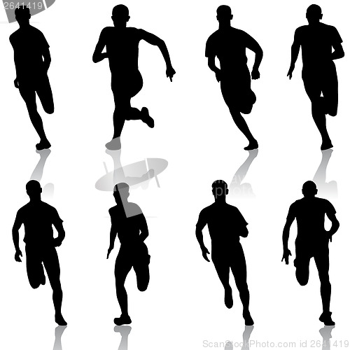 Image of Set of silhouettes. Runners on sprint, men. vector illustration.