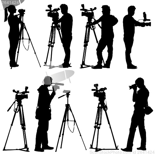 Image of Cameraman with video camera. Silhouettes on white background. Ve