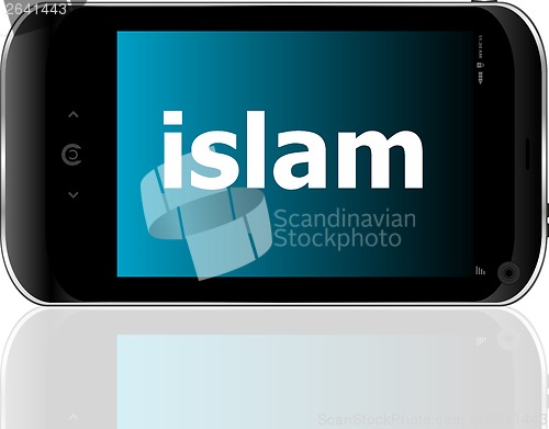 Image of islam word on smart mobile phone, social concept