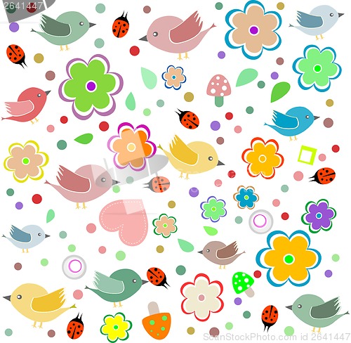 Image of bird, ladybird and flower