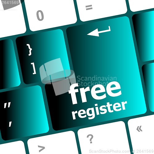 Image of free register computer keyboard key showing internet concept