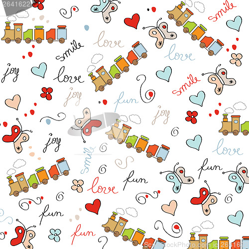 Image of trains, wagons and rails , doodle  seamless pattern