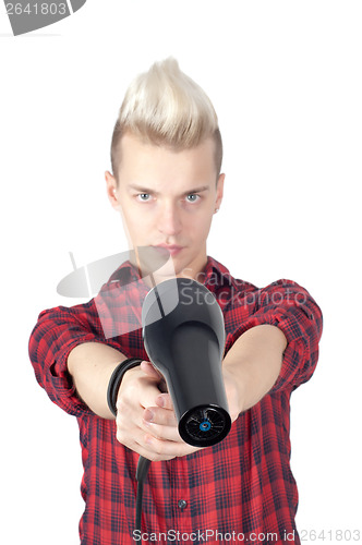 Image of Portrait of handsome man with hairdryer