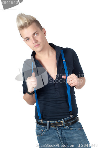 Image of Man dressed in shirt and jeans with braces
