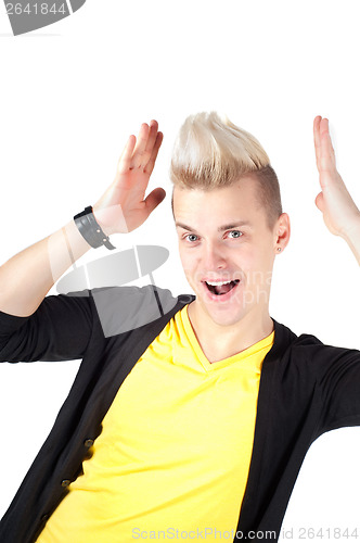 Image of Handsome man with stylish haircut and hands raised