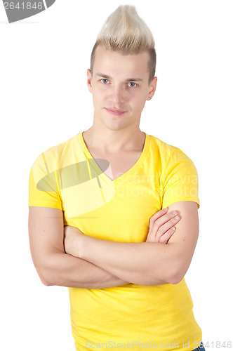 Image of Portrait of handsome man dressed in yellow t-shirt