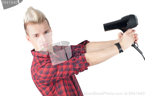 Image of Portrait of handsome guy with hairdryer