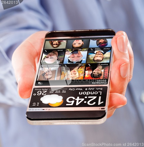 Image of Smartphone with transparent screen in human hands.