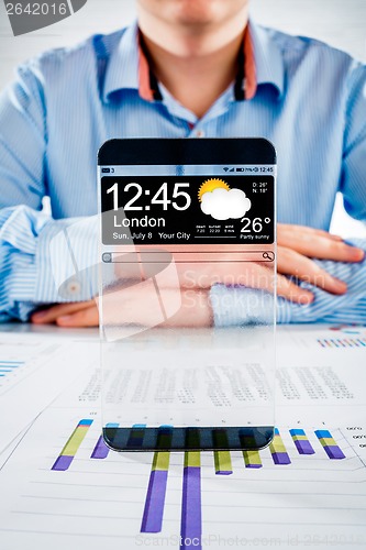 Image of Smartphone with transparent screen in human hands.