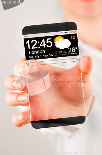 Image of Smartphone with transparent screen in human hands.