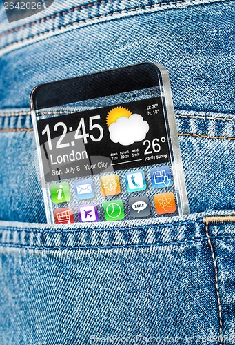 Image of Smartphone with a transparent screen in a pocket of jeans.