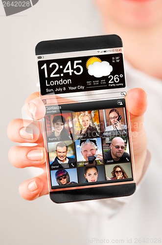 Image of Smartphone with transparent screen in human hands.