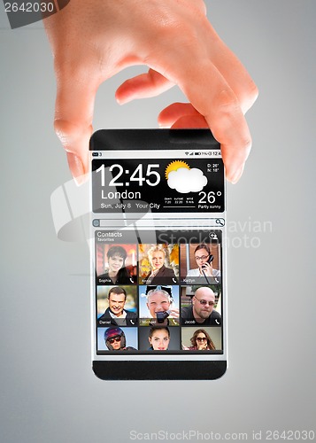 Image of Smartphone with transparent screen in human hands.