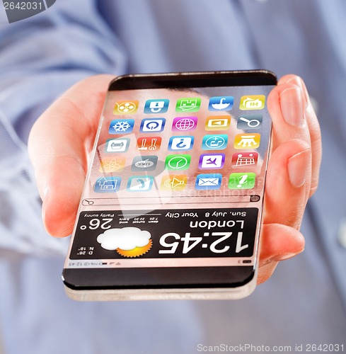 Image of Smartphone with transparent screen in human hands.