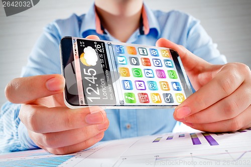 Image of Smartphone with transparent screen in human hands.