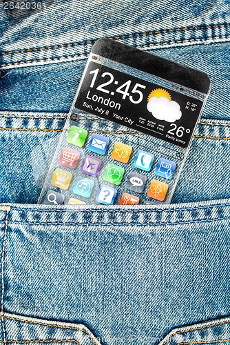 Image of Smartphone with a transparent screen in a pocket of jeans.