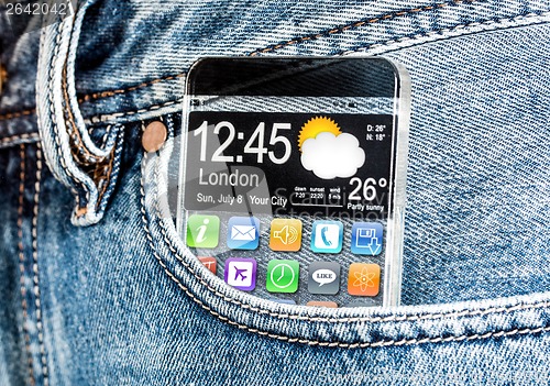 Image of Smartphone with a transparent screen in a pocket of jeans.