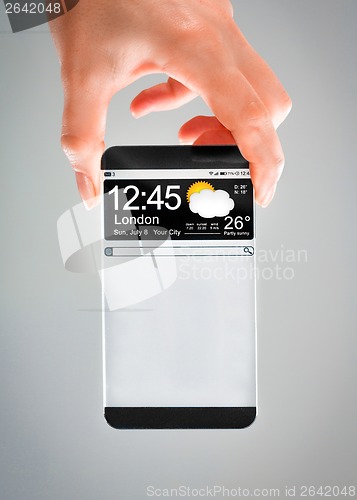 Image of Smartphone with transparent screen in human hands.