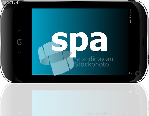 Image of smartphone with word spa on display, business concept