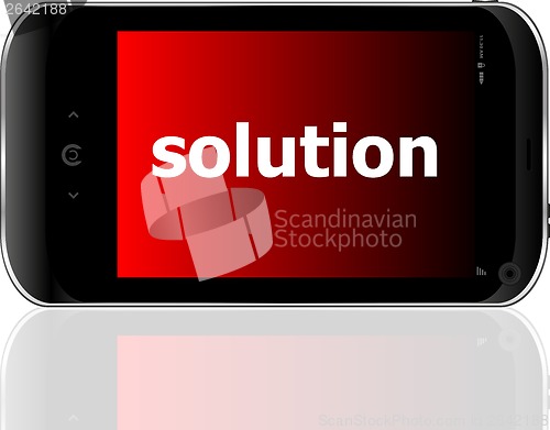 Image of smartphone with word solution on display, business concept