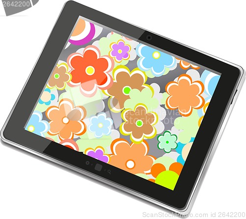 Image of Tablet pc with flowers on screen, digital smart phone