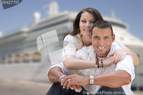 Image of Young Happy Hispanic Couple In Front of Cruise Ship