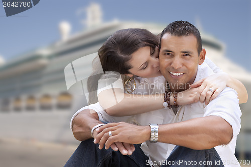 Image of Young Happy Hispanic Couple In Front of Cruise Ship