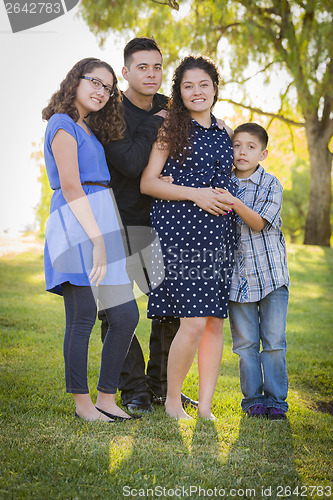 Image of Happy Attractive Hispanic Family With Their Pregnant Mother Outd