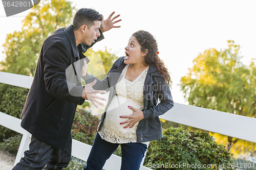 Image of Stunned Excited Pregnant Woman and Husband with Hand on Belly