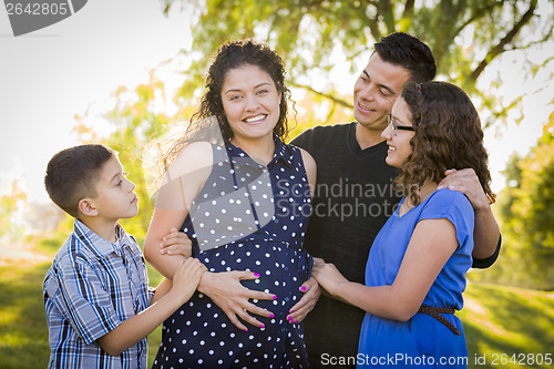 Image of Happy Attractive Hispanic Family With Their Pregnant Mother Outd