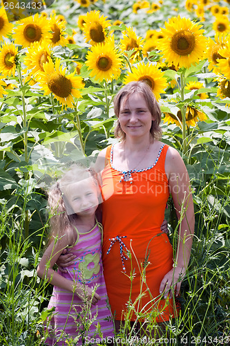 Image of smiling woman and little girl on sunflowers field