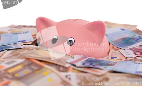 Image of Unique pink ceramic piggy bank drowning in money