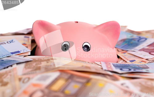 Image of Unique pink ceramic piggy bank drowning in money