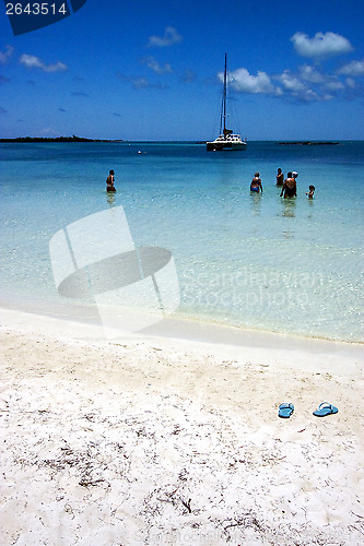 Image of  boat  and coastline in isla contoy 