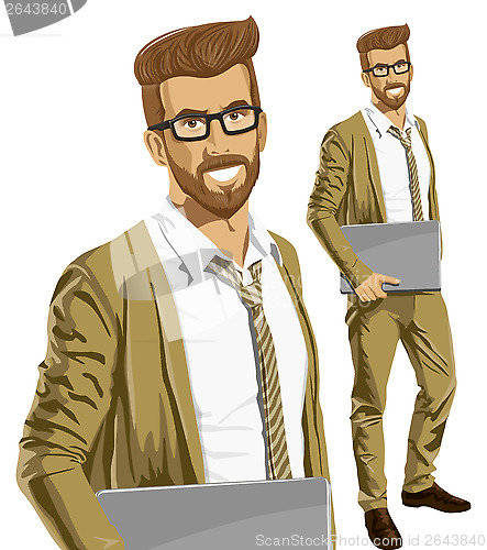 Image of Vector Hipstar Man With Laptop in His Hands