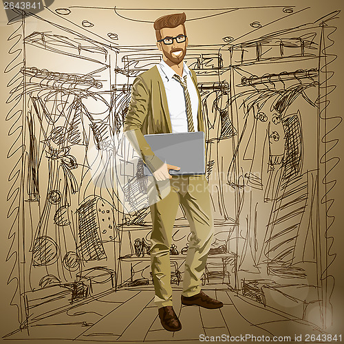 Image of Vector Hipstar Man With Laptop in His Hands