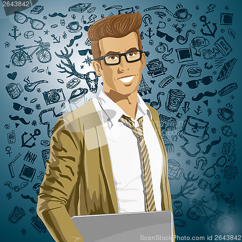 Image of Vector Hipstar Man With Laptop in His Hands