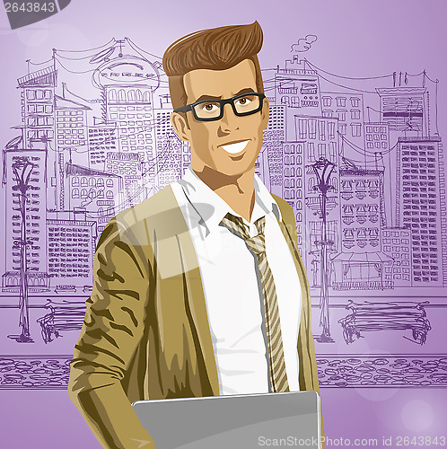 Image of Vector Hipstar Man With Laptop in His Hands